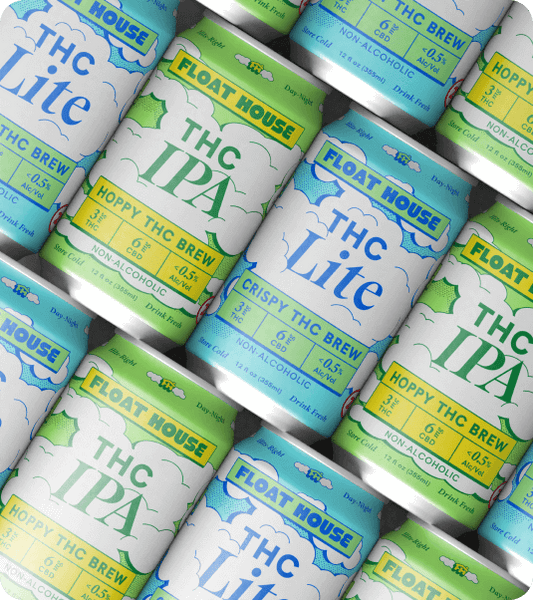 Multiple cans of Float House THC beverages arranged in a pattern.